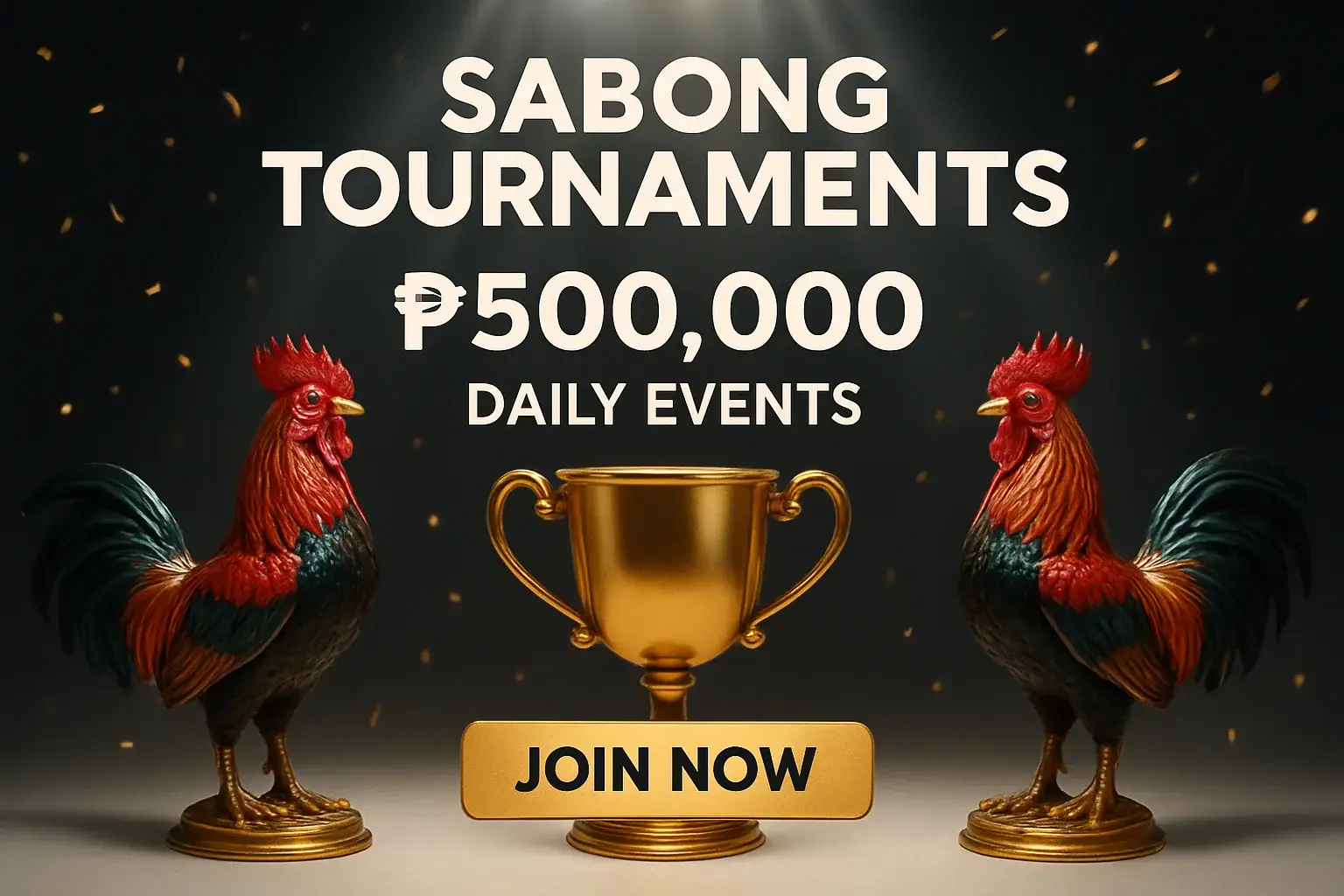 Sabong tournament banner with rooster figurines, trophy, confetti, and spotlight